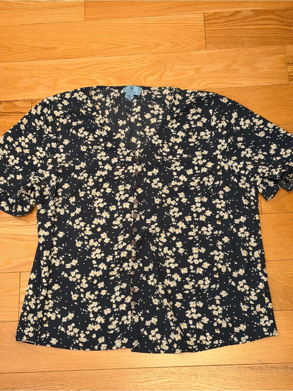 CeCe Navy Floral Button-Down Short Sleeve Blouse - Picture 2 of 8